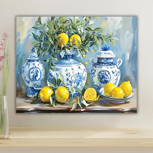Porcelaine Bleue aux Citrons Dorés